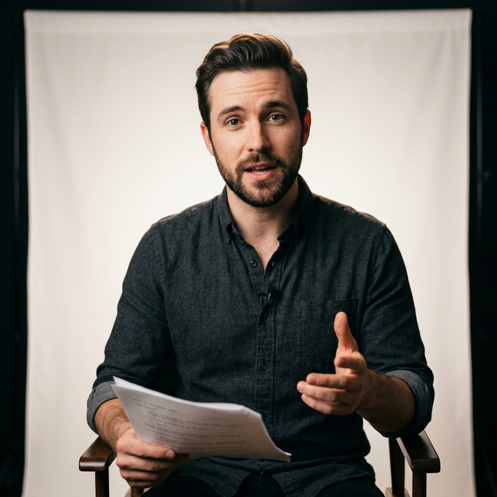Actor performing a self tape audition in a professional studio environment